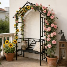 Metal Garden Arch with Bench Turned into Flower Stand W58.07*H97.24 Climbing Plants Support Rose Arch Outdoor Black