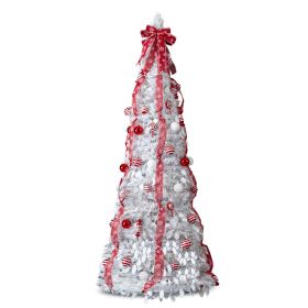 7 FT Fully Decorated Pre-lit Christmas Tree, Pop Up Artificial Xmas Tree with 170 Warm Lights and Red Ornaments for Home Office Store Holiday Dec