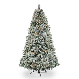 6 FT Pre-lit Snow Flocked Christmas Tree, Artificial Hinged Xmas Pine Tree with 800 Branch Tips, 300 Lights for Holiday Party Office Home, Snowy