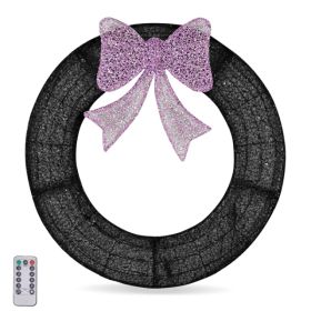 36in Pre-lit Outdoor Christmas Wreath Decoration, Lighted Metal Wreath With Purple Bow, Remote Control LED Lights With Timer, For Front Door Gate (Option: Purple  Orange)