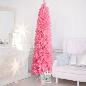 7.5 FT Hinged Christmas Tree, Artificial Pencil Christmas Tree, Unlit Artificial Christmas Pine Tree with 1075 Branch Tips and Sturdy Stand, Pink (Option: Snowy Pink)