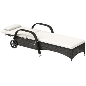 Outdoor Chaise Lounge, 5-Level Adjustable Backrest Rattan Pool Lounge Chair With Wheels, Cushion & Headrest, Cream (Option: Cream)